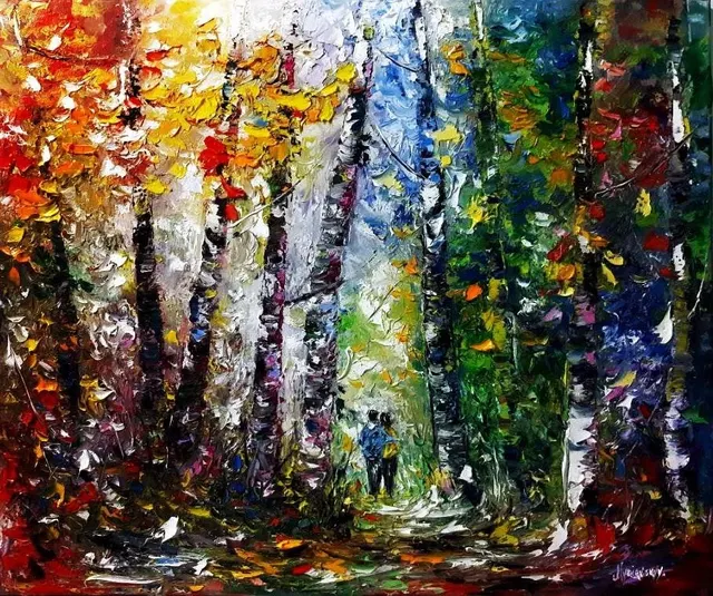 Romantic couple walking — original impressionist oil painting by Volodymyr Myriyevskyy, 60 × 50 cm (24″ × 20″)