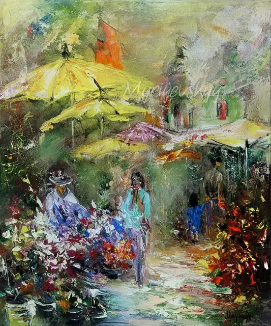 Barcelona Flower Market — original impressionist oil painting by Volodymyr Myriyevskyy, 50 × 60 cm (20″ × 24″)