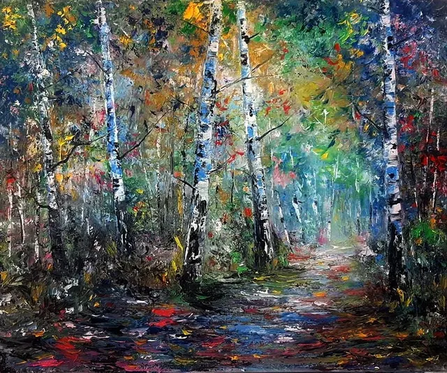 Birch Grove — original impressionist oil painting by Volodymyr Myriyevskyy, 60 × 50 cm (24″ × 20″)