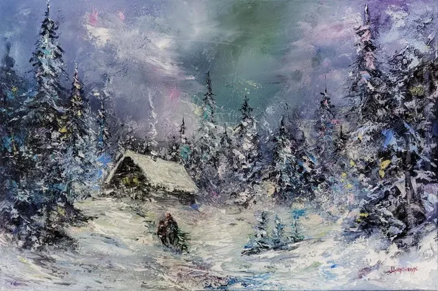 Magic winter evening — original impressionist oil painting by Volodymyr Myriyevskyy, 60 × 40 cm (24″ × 16″)