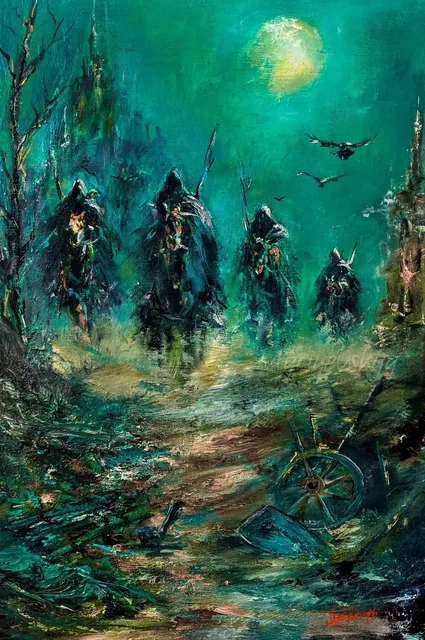 Dark Fantasy Riders — original impressionist oil painting by Volodymyr Myriyevskyy, 40 × 60 cm (16″ × 24″)