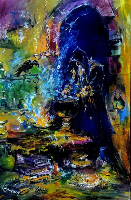 Mystical Alchemist — original impressionist oil painting by Volodymyr Myriyevskyy, 40 × 60 cm (16″ × 24″)