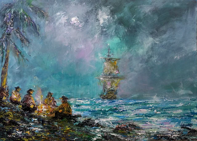 Chronicles of Pirate Adventures — original impressionist oil painting by Volodymyr Myriyevskyy, 70 × 50 cm (28″ × 20″)
