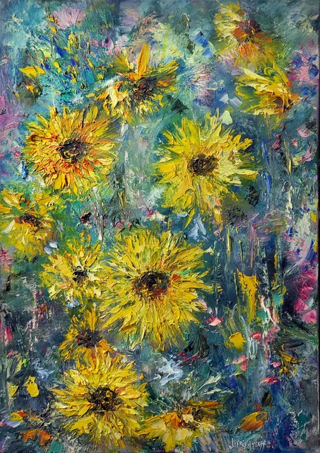 Sunflowers in an Abstract Garden — original impressionist oil painting by Volodymyr Myriyevskyy, 50 × 70 cm (20″ × 28″)