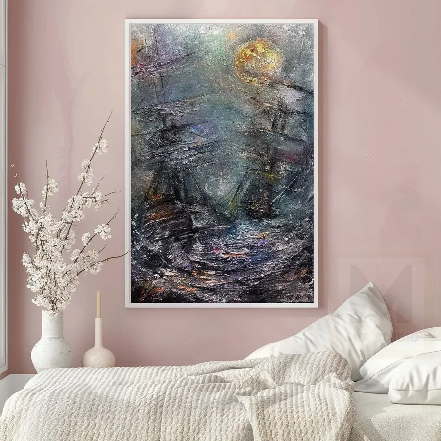 Abstract Oil Painting Of Full Moon Shining Over Two Pirate S — sold original oil painting by Volodymyr Myriyevskyy