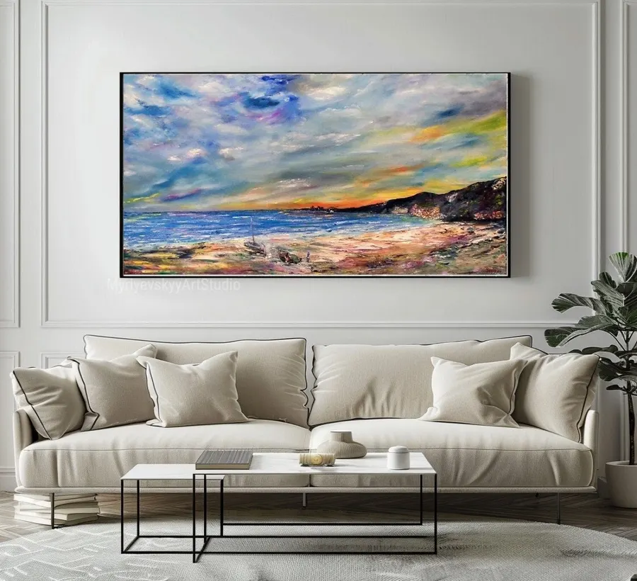 Beach Landscape With Boats And Houses — sold original oil painting by Volodymyr Myriyevskyy