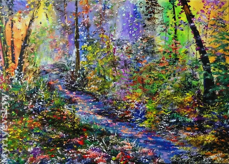 Bright Sunshine Through The Yellow Forest Green Trees Pink — sold original oil painting by Volodymyr Myriyevskyy
