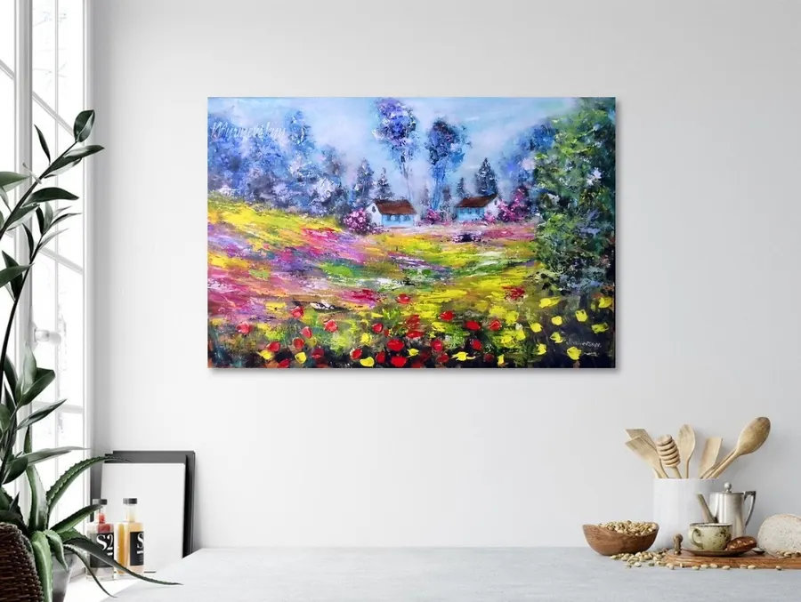 Colorful Poppy Field Of Flowers With House Monet — sold original oil painting by Volodymyr Myriyevskyy