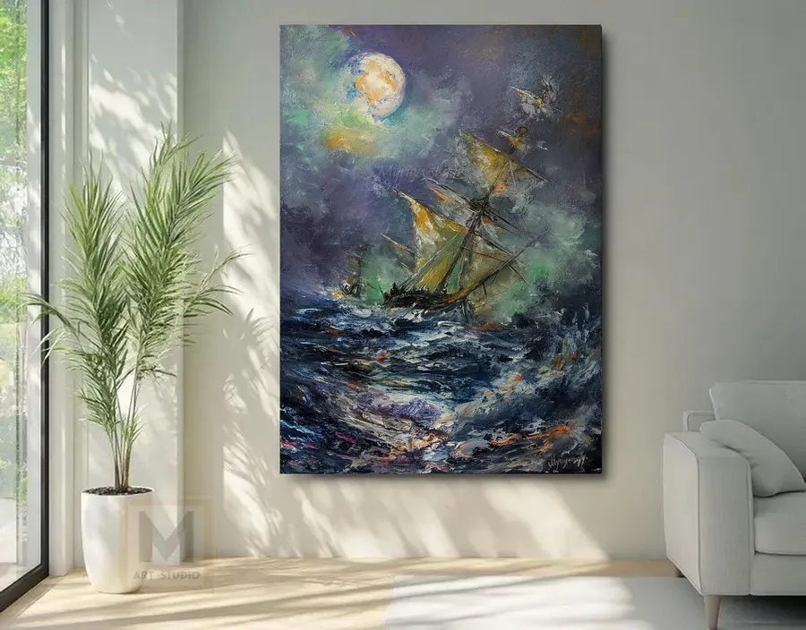 Dark Tones Strong Contrast Pirate Ship — sold original oil painting by Volodymyr Myriyevskyy