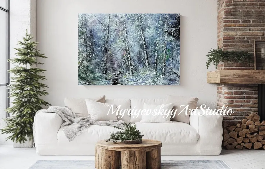 Winter Forest With Snow Falling — sold original oil painting by Volodymyr Myriyevskyy