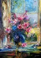 Peonies by the Window — original oil painting by Volodymyr Myriyevskyy