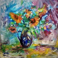 Sunflowers — original impressionist oil painting by Volodymyr Myriyevskyy, 60 × 60 cm (24″ × 24″) — photo 6