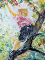 Boy on tree branch reaching for apple — original impressionist oil painting by Volodymyr Myriyevskyy, 70 × 50 cm (28″ × 20″) — photo 5