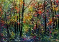 Sunny Forest Path — original impressionist oil painting by Volodymyr Myriyevskyy, 70 × 50 cm (28″ × 20″) — photo 1
