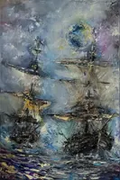 Two Old Ships in the High Sea — reserved for Oleg Tsykalo — original impressionist oil painting by Volodymyr Myriyevskyy, 40 × 60 cm (16″ × 24″) — photo 1