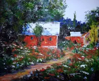 Poppy field with house — original oil painting by Volodymyr Myriyevskyy