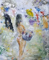 Woman hanging laundry — original impressionist oil painting by Volodymyr Myriyevskyy, 40 × 50 cm (16″ × 20″) — photo 1