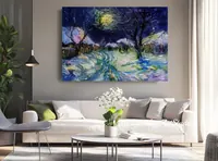 Snowy village in moonlight — original impressionist oil painting by Volodymyr Myriyevskyy, 70 × 50 cm (28″ × 20″) — photo 5