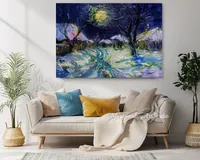 Snowy village in moonlight — original impressionist oil painting by Volodymyr Myriyevskyy, 70 × 50 cm (28″ × 20″) — photo 6