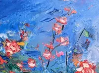 Summer Garden Roses — original impressionist oil painting by Volodymyr Myriyevskyy, 70 × 50 cm (28″ × 20″) — photo 3
