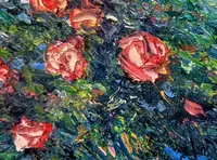 Summer Garden Roses — original impressionist oil painting by Volodymyr Myriyevskyy, 70 × 50 cm (28″ × 20″) — photo 4