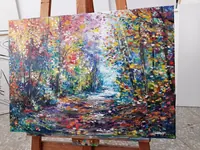 Shadows in Forest — original impressionist oil painting by Volodymyr Myriyevskyy, 70 × 50 cm (28″ × 20″) — photo 4