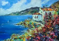 House By The Sea Among Flowers — original oil painting by Volodymyr Myriyevskyy