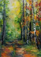 Road in birch forest — original oil painting by Volodymyr Myriyevskyy